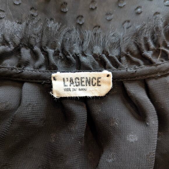 L'AGENCE Sheer Black Swiss Dot Fringed Whimsigoth Puff Sleeve Blouse Large - Picture 4 of 4